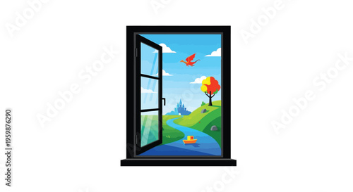 A colorful illustration of a window open to a serene landscape with a stream, trees, and a blue sky.