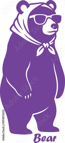 Purple bear in sunglasses and hoodie standing still