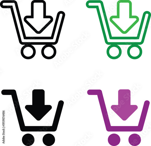 Shopping cart icons with downward arrows in various colors