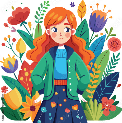 Redheaded girl character in flat vector style, young woman standing in colorful spring garden, floral background with blooming flowers and leaves