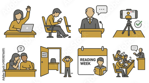 University Education Icons Set of Student Life and Lecture Concepts