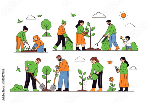 People engaged in gardening activities together.