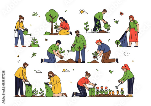 People gardening and planting flowers.