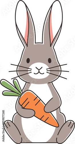 A charming cartoon grey rabbit with long ears is happily sitting and holding a fresh, vibrant orange carrot, perfect for children's books and Easter designs.
