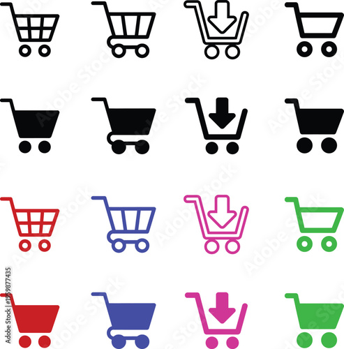 E commerce shopping cart icons in various colors and styles