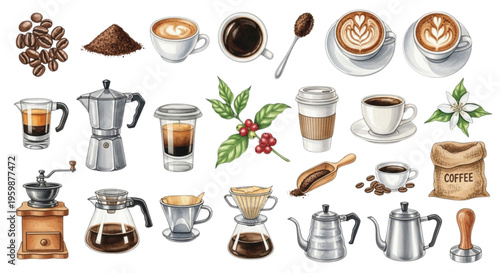 Watercolor Coffee Set Collection Beans Espresso Cups Brewing Equipment Illustration Isolated