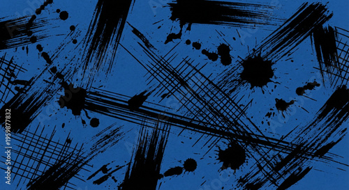 Dynamic black brushstrokes and expressive ink splatters on a vibrant blue canvas, creating an abstract artistic background texture perfect for creative projects