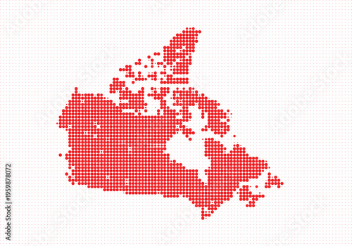 Dot matrix style map of canada with red dots representing the countrys geographical outline
