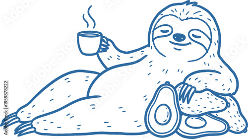 Sloth relaxing with coffee and donuts in a casual setting