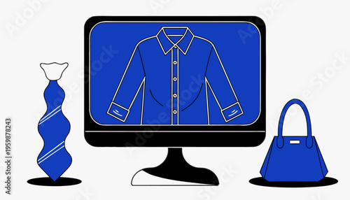 Minimalistic Computer Monitor Displaying Blue Shirt With Tie And Handbag