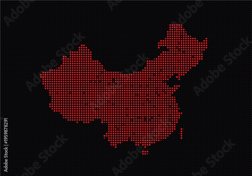 Digital map of china composed of red dots on a representing the countrys geographic outline