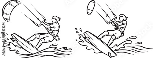 Kite Surfing Action: Two Poses of a Rider on a Board with a Kite with Extreme Sport