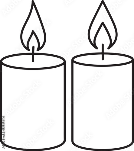 Simple line art illustration of two unlit pillar candles with flames, presented on a white background, Still Life