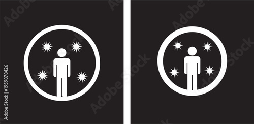 Two stylized icons representing a person within a circle surrounded by stars, symbolizing cosmic connection, spirituality, or self-discovery on a black background