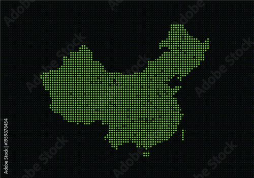 Digital pixel art map of china with green dots on representing geographic regions and borders