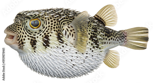 фотографія Pufferfish with distinctive black and white spots on white background with marin