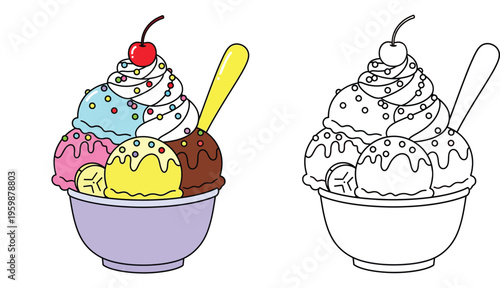 Delicious Banana Split Ice Cream Sundae with Cherry and Sprinkles, Colored Version and Black and White Line Art Outline for Kids Coloring Book Activity Vector Illustration