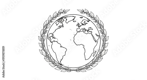 Hand drawn globe with olive branches, symbol of peace and unity.