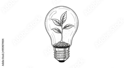 Hand-drawn light bulb with a growing plant inside, symbolizing eco-friendly energy and sustainable ideas.