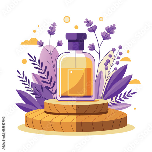 Lavender essential oil bottle on wooden podium, organic skincare perfume vector illustration, natural aromatherapy product with purple floral elements