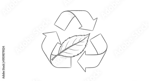 Hand-drawn recycle symbol with a leaf inside representing eco-friendly practices.