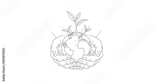 Hands cradling Earth with a growing plant, symbolizing environmental care and sustainability.