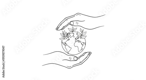 Hands cradling Earth with plants, symbolizing environmental protection and care.