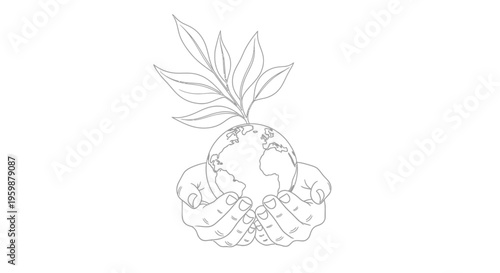 Hands holding earth with plant sprout continuous line drawing.