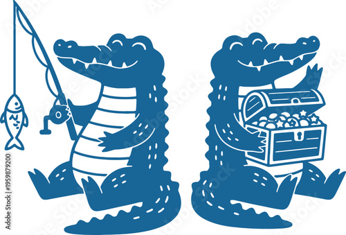 two cartoon crocodiles fishing and holding treasure chest