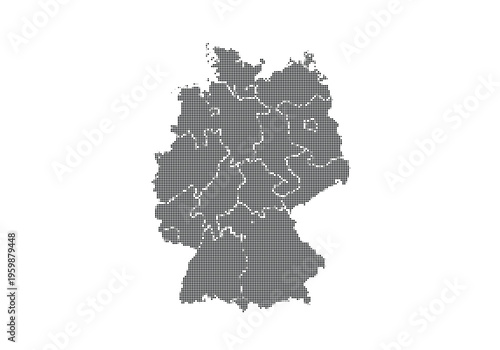 Abstract pixelated map of germany with detailed borders and regions, created with small black dots