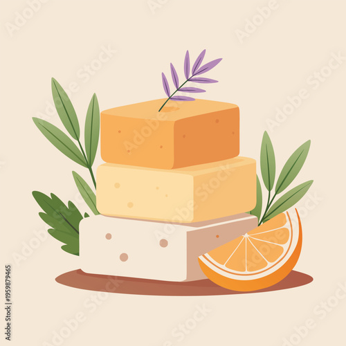 Handmade organic soap bars with citrus and botanical leaves, natural skincare vector illustration, artisanal soap stack for spa and wellness branding