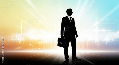 Silhouette of businessman with briefcase against vibrant, abstract light background