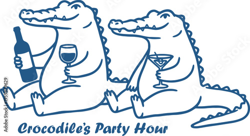 Two crocodiles drinking wine and cocktail at party