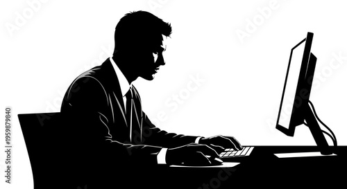 Silhouette of businessman working on computer at desk in office, focused on screen