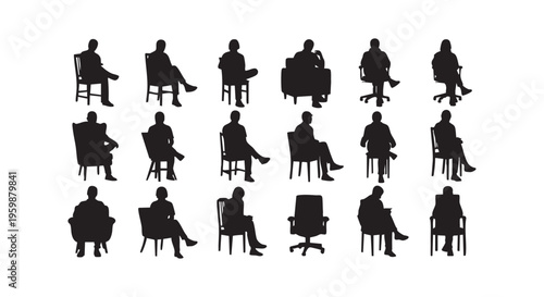 Various people sitting in different chairs in silhouette form isolated on transparent background