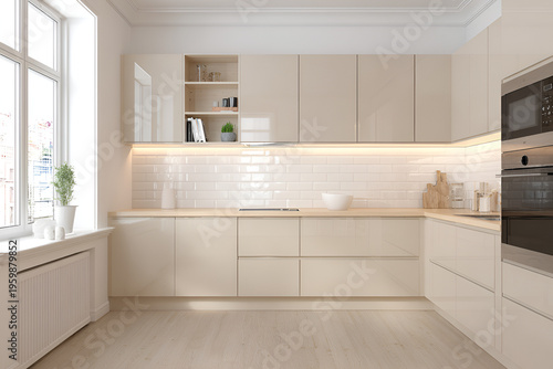 Modern kitchen with sleek, glossy beige cabinets, light-colored countertops, and white subway tile backsplash. Natural light from a window illuminates the space