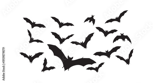 A flock of bats flying in the sky at dusk isolated on transparent background