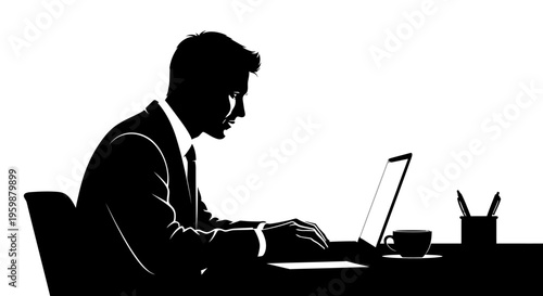 Silhouette of businessman working on laptop at desk with coffee, symbolizing productivity and focus