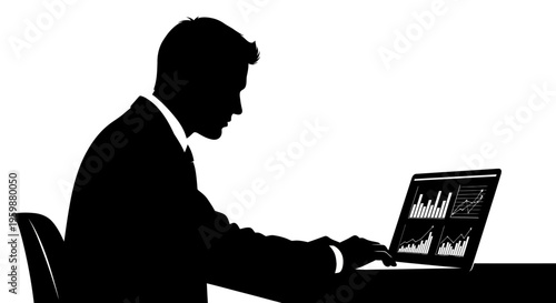 Silhouette of businessman working on laptop with financial charts and graphs on screen