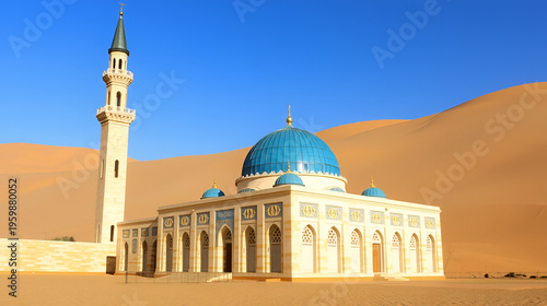 Desert Mosque with Blue Dome and Minaret