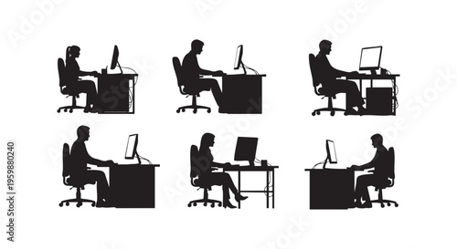 People working on computer in different sitting positions at office desk isolated on transparent background