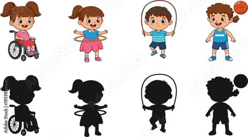 Kids activities cartoon and silhouette set isolated on white background, children playing sports vector illustration collection, playful childhood lifestyle, education and fitness concept