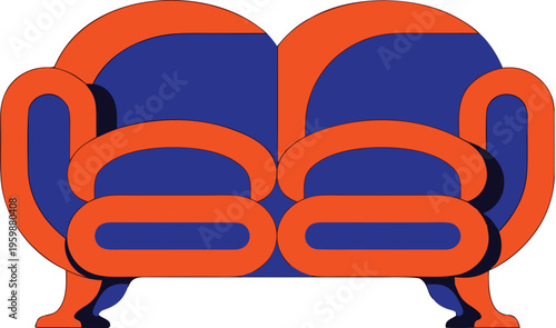 Vibrant, modern sofa icon, blue and orange vector graphic, furniture design element, home decor illustration