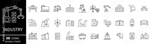 Set of industry icons. Production, machine, manufacture, warehouse, fabrication. Vector illustration.