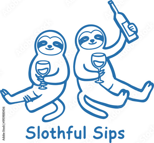 Two sloths drinking wine and holding a bottle