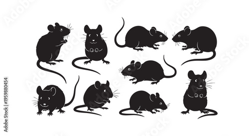 A group of black silhouette images of mice in different positions and angles isolated on transparent background