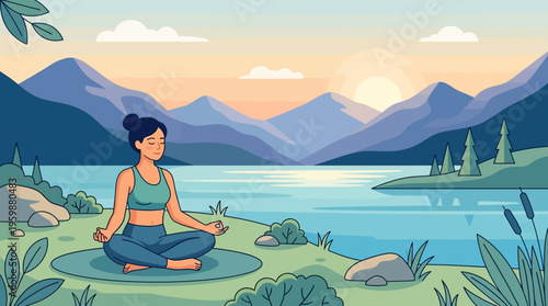 Woman Meditating in Nature by Lake and Mountains