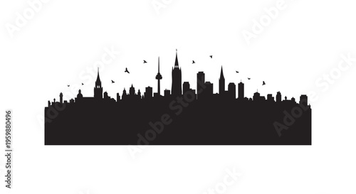 City skyline silhouette at dusk with birds flying overhead in urban landscape isolated on transparent background