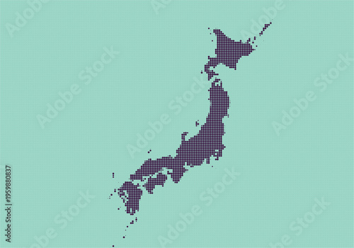 Pixelated map of japan with a dotted design on a light green background, illustrating the countrys geographic outline in a stylized digital art style