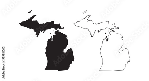 Michigan state maps in black and white line art styles side by side isolated on transparent background